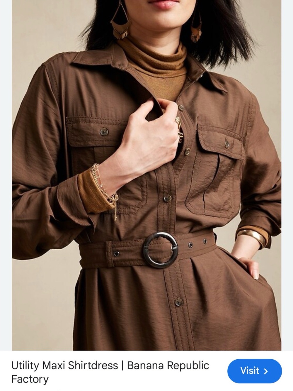 Brown Button-Front Shirt Dress with Belt - Picture 2 of 5